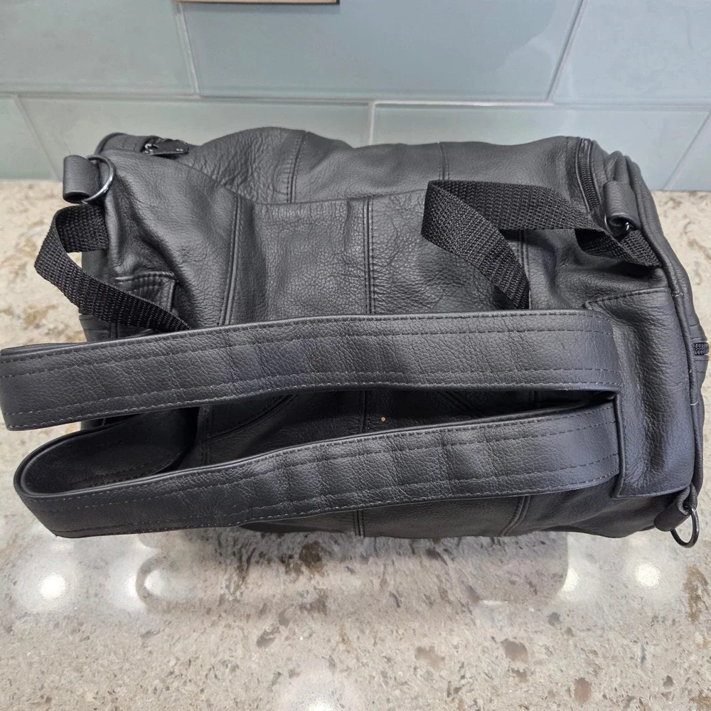 NEW Black Leather Motorcycle Saddle Bag Travel Weekend Overnight‎ Pockets
